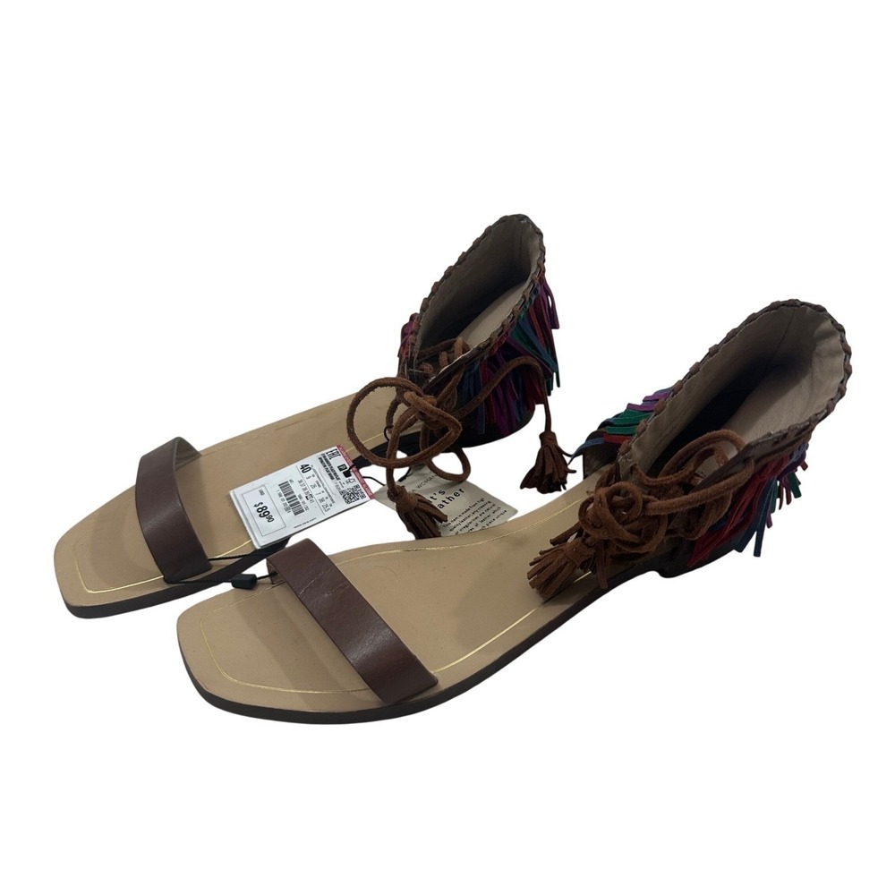 Zara Woman Leather Fringe Sandals Brown Multi Color Lace Up Boho Flat 40 NEW - Picture 5 of 8